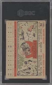 Sandy Koufax from the 1956 Topps set featuring a White Back parallel graded by SGC and given an overall grade of 1.