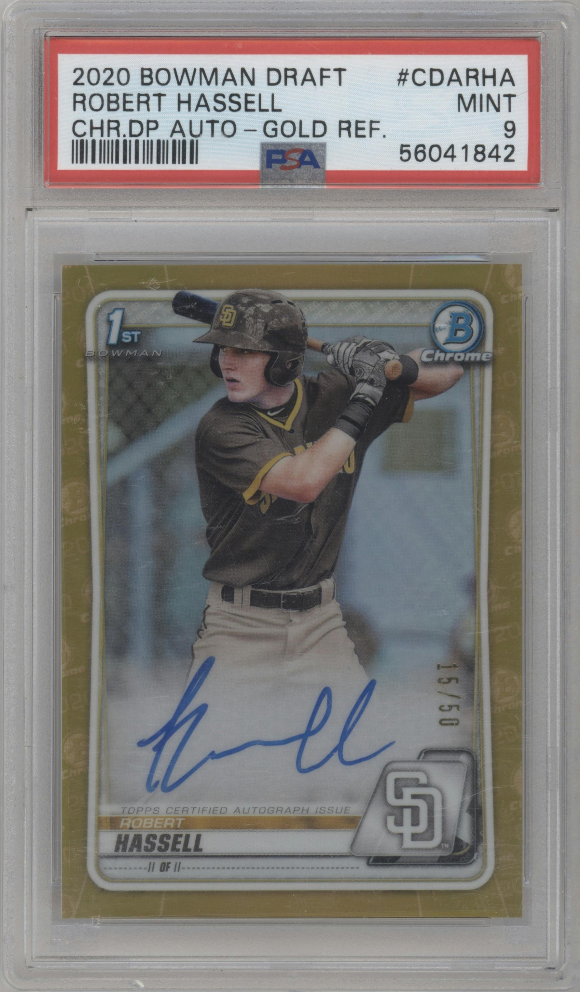 Robert Hassell from the 2020 Bowman Draft set featuring a Gold Refractor parallel graded by PSA and given an overall grade of 9.
