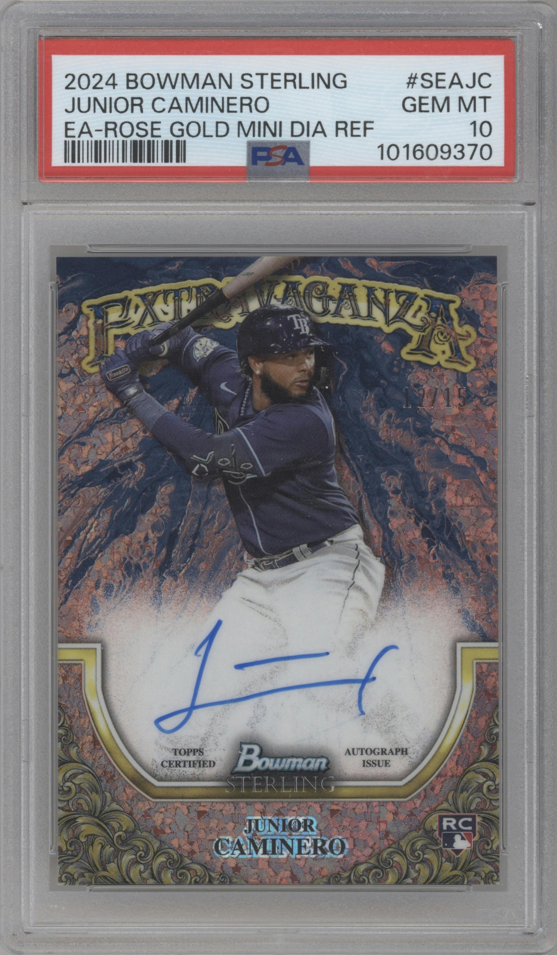 Junior Caminero from the 2024 Bowman Sterling set featuring a Rose Gold Mini-Diamond parallel graded by PSA and given an overall grade of 10.