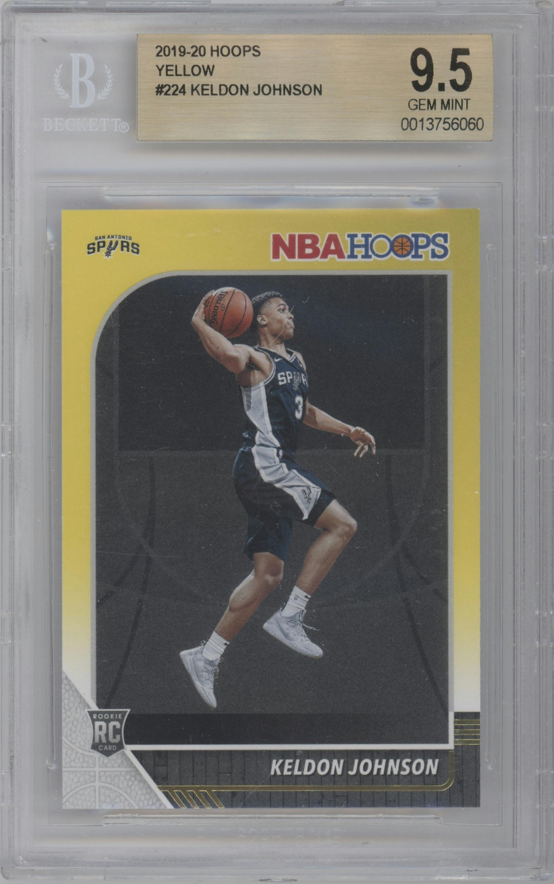 Keldon Johnson from the 2019-20 Panini NBA Hoops set featuring a Yellow parallel graded by Beckett and given an overall grade of 9.5.