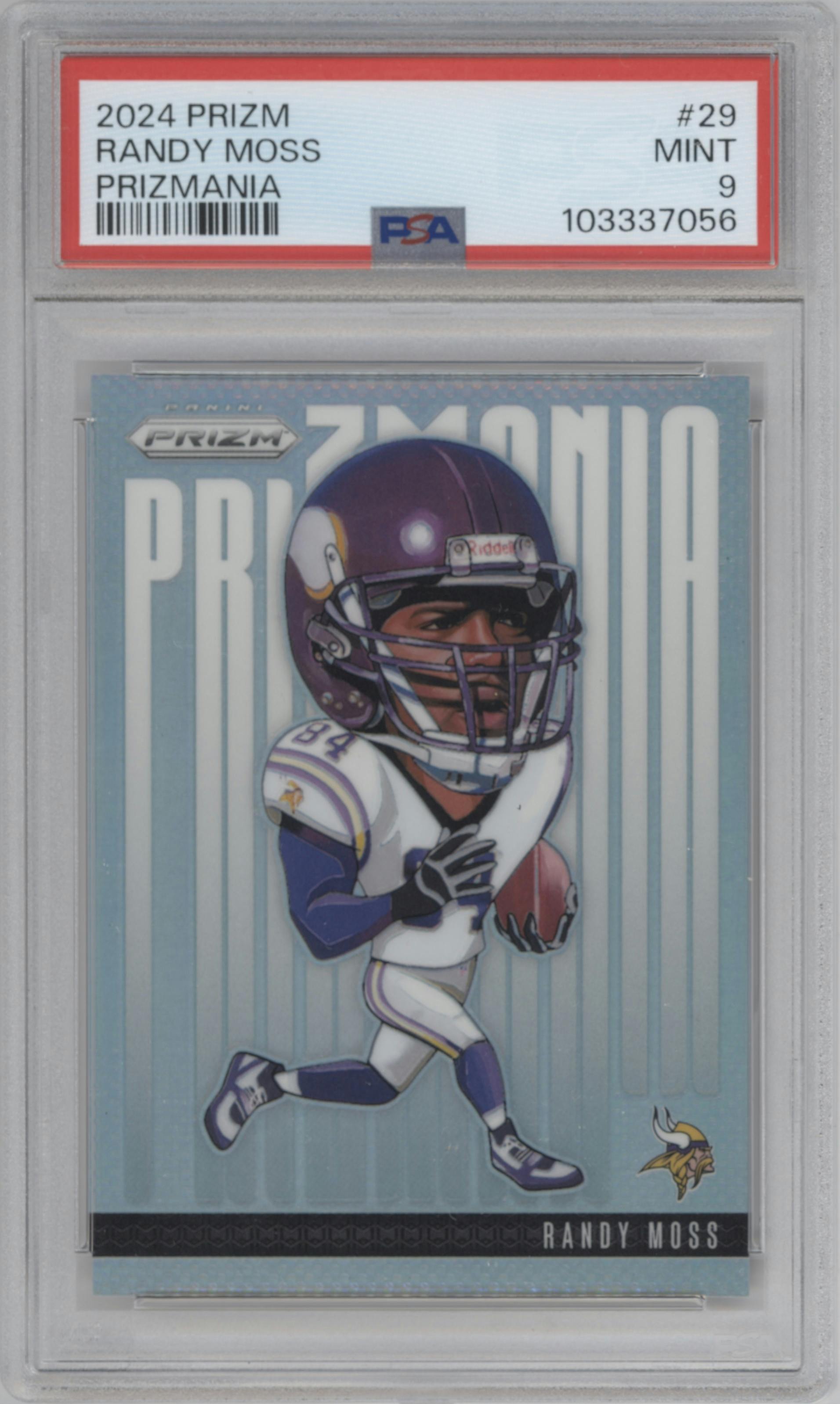 Randy Moss from the 2024 Panini Prizm set graded by PSA and given an overall grade of 9.