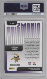 Randy Moss from the 2024 Panini Prizm set graded by PSA and given an overall grade of 9.