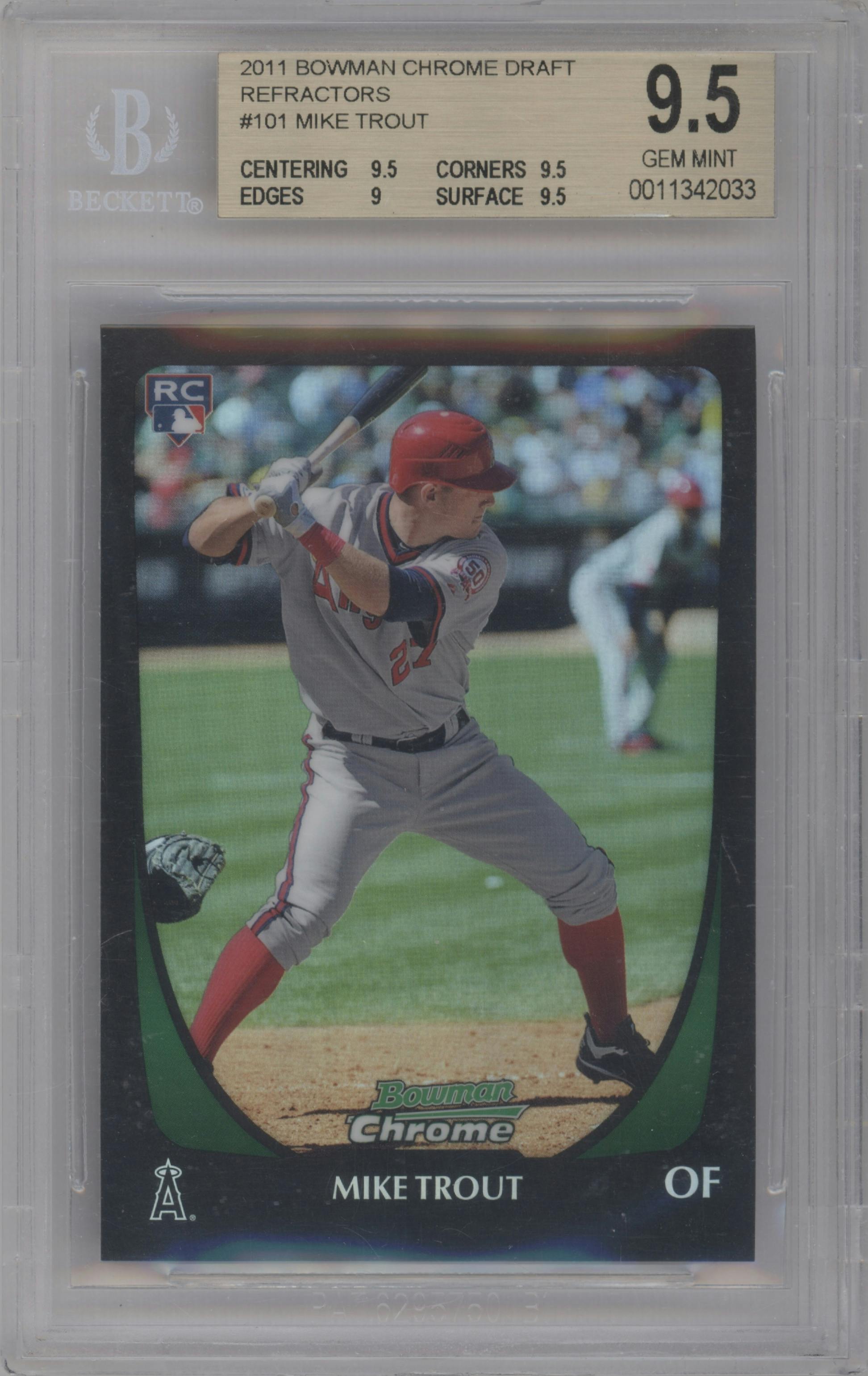 Mike Trout from the 2011 Bowman Draft Picks & Prospects set featuring a Refractor parallel graded by Beckett and given an overall grade of 9.5.