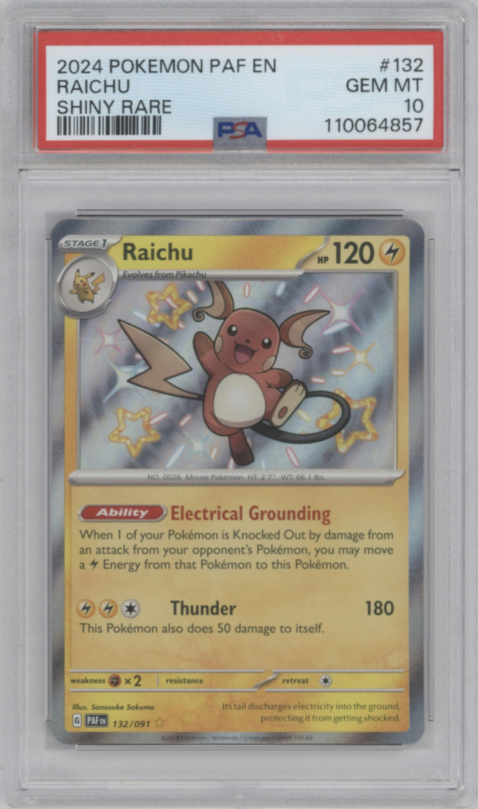 Raichu from the 2024 Pokemon SV set graded by PSA and given an overall grade of 10.