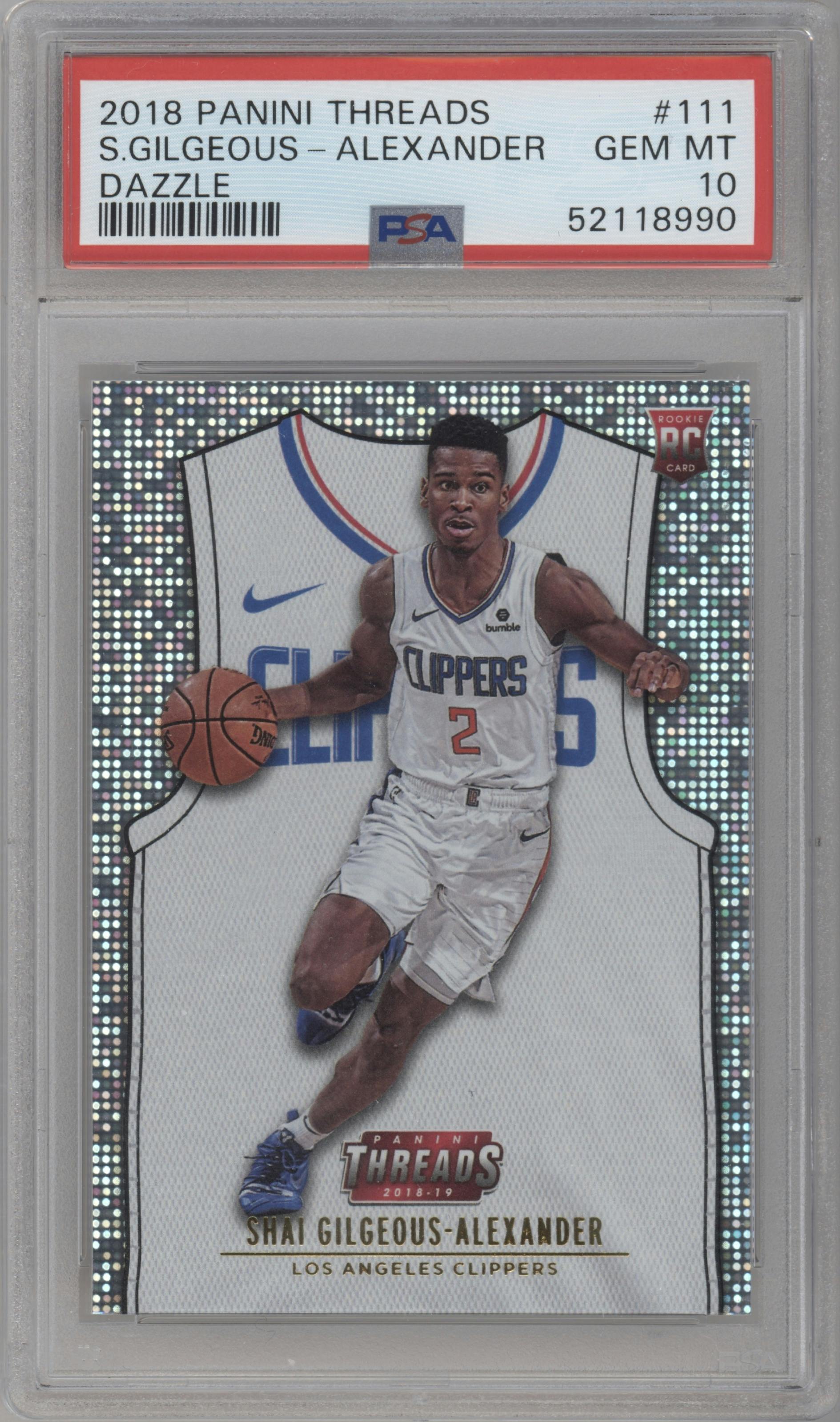 Shai Gilgeous-Alexander from the 2018-19 Panini Threads  set featuring a Dazzle parallel graded by PSA and given an overall grade of 10.