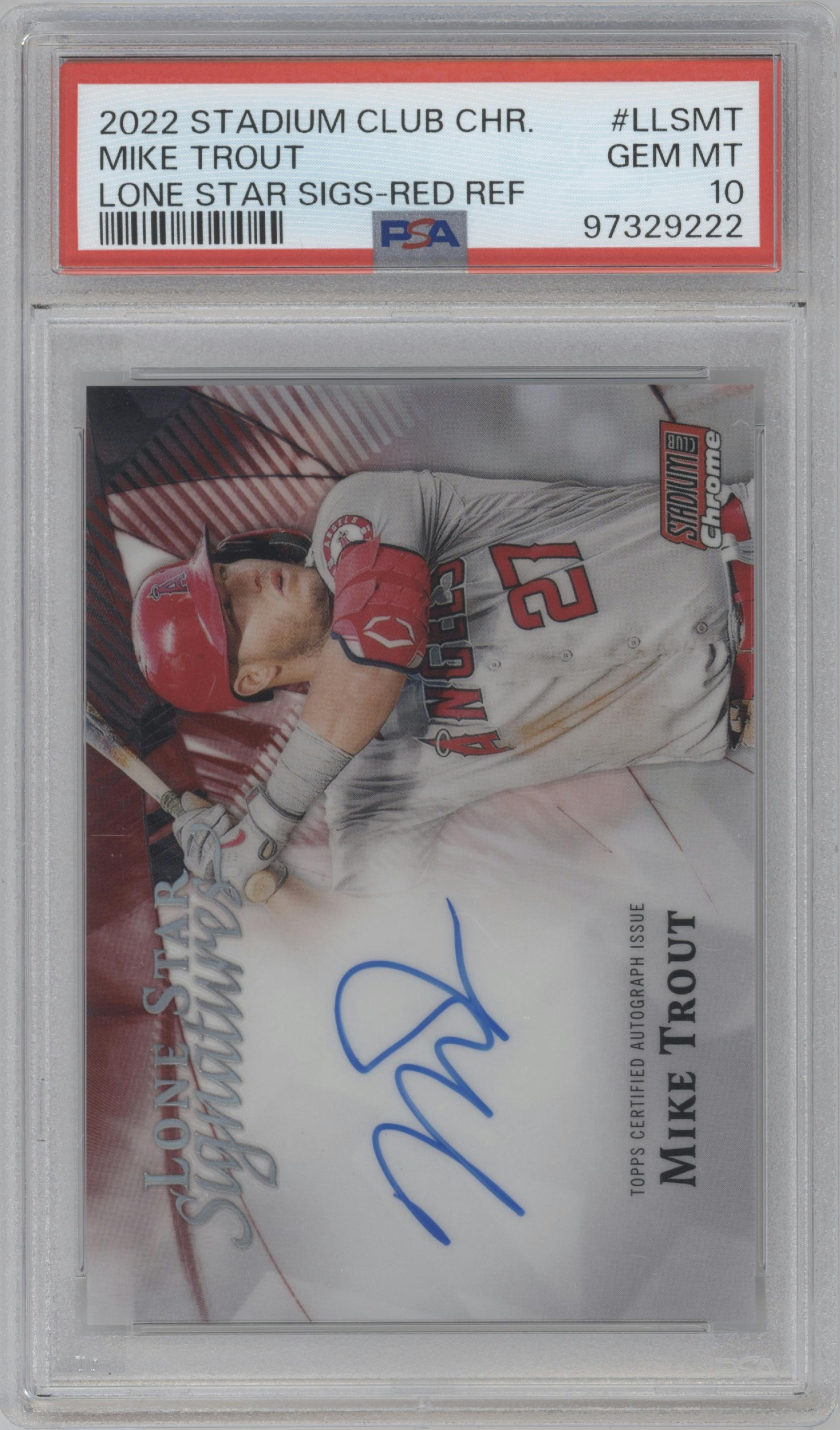 Mike Trout from the 2022 Stadium Club Chrome set featuring a Red Refractor parallel graded by PSA and given an overall grade of 10.