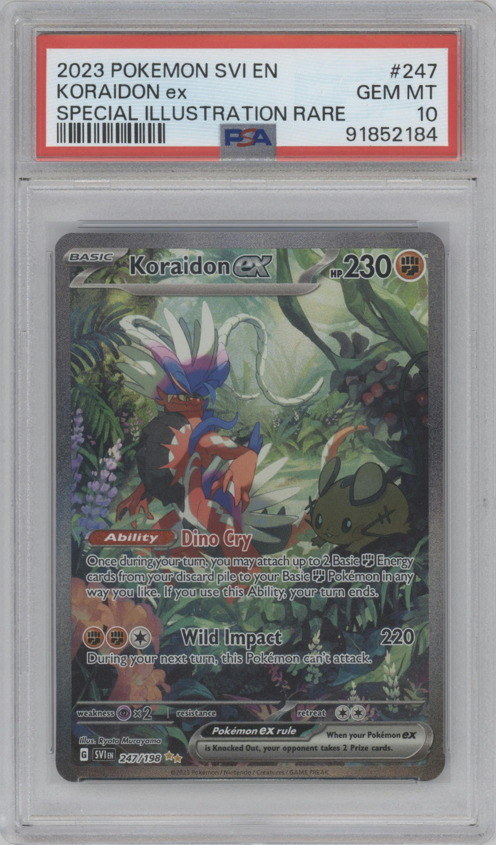 Koraidon EX from the 2023 Pokemon SV set graded by PSA and given an overall grade of 10.