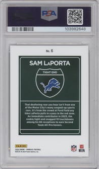 Sam LaPorta from the 2024 Donruss set graded by PSA and given an overall grade of 9.