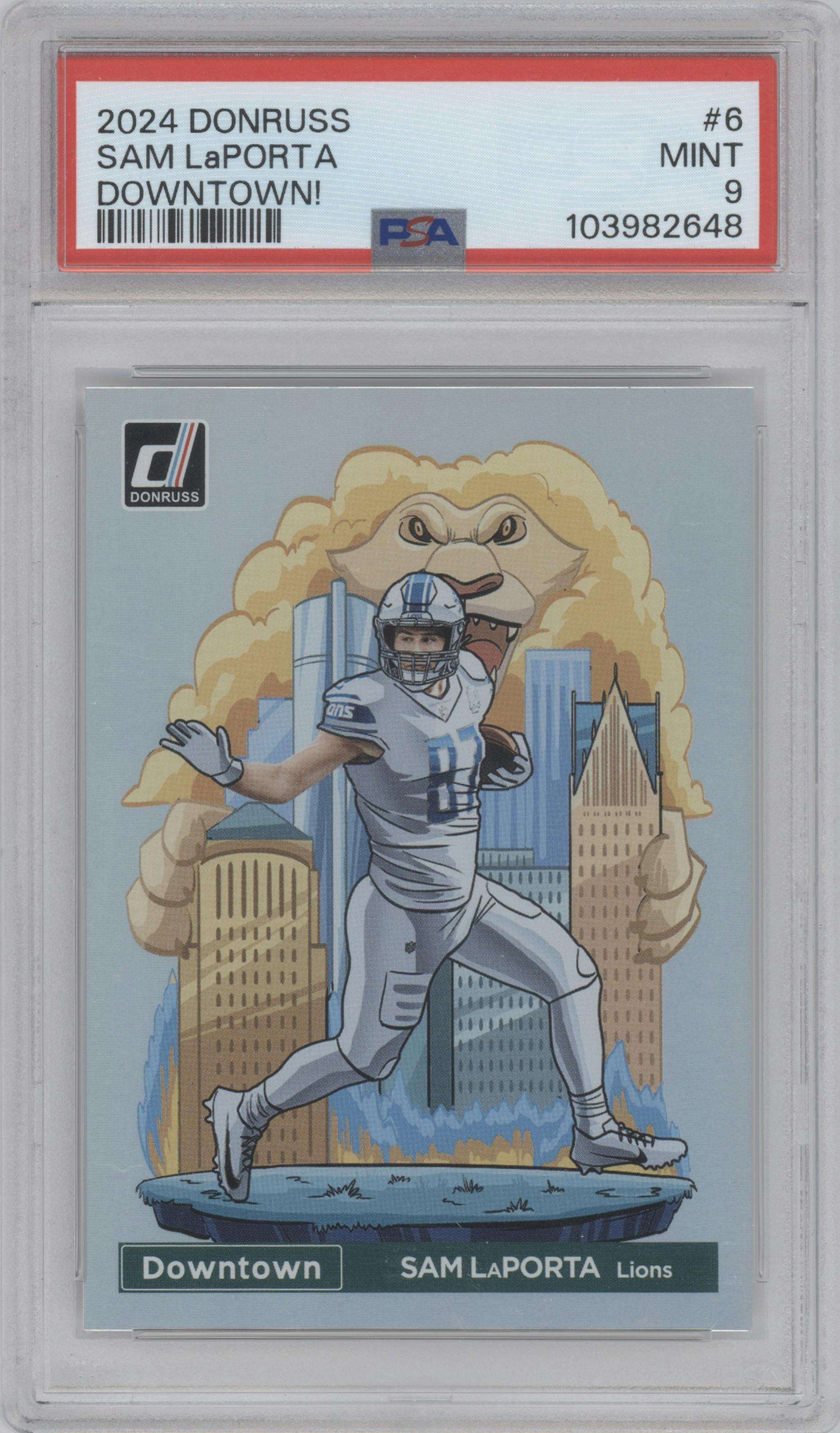 Sam LaPorta from the 2024 Donruss set graded by PSA and given an overall grade of 9.