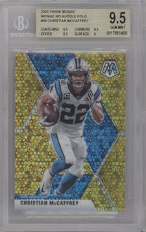 Christian McCaffrey from the 2020 Panini Mosaic set featuring a No Huddle Gold parallel graded by Beckett and given an overall grade of 9.5.