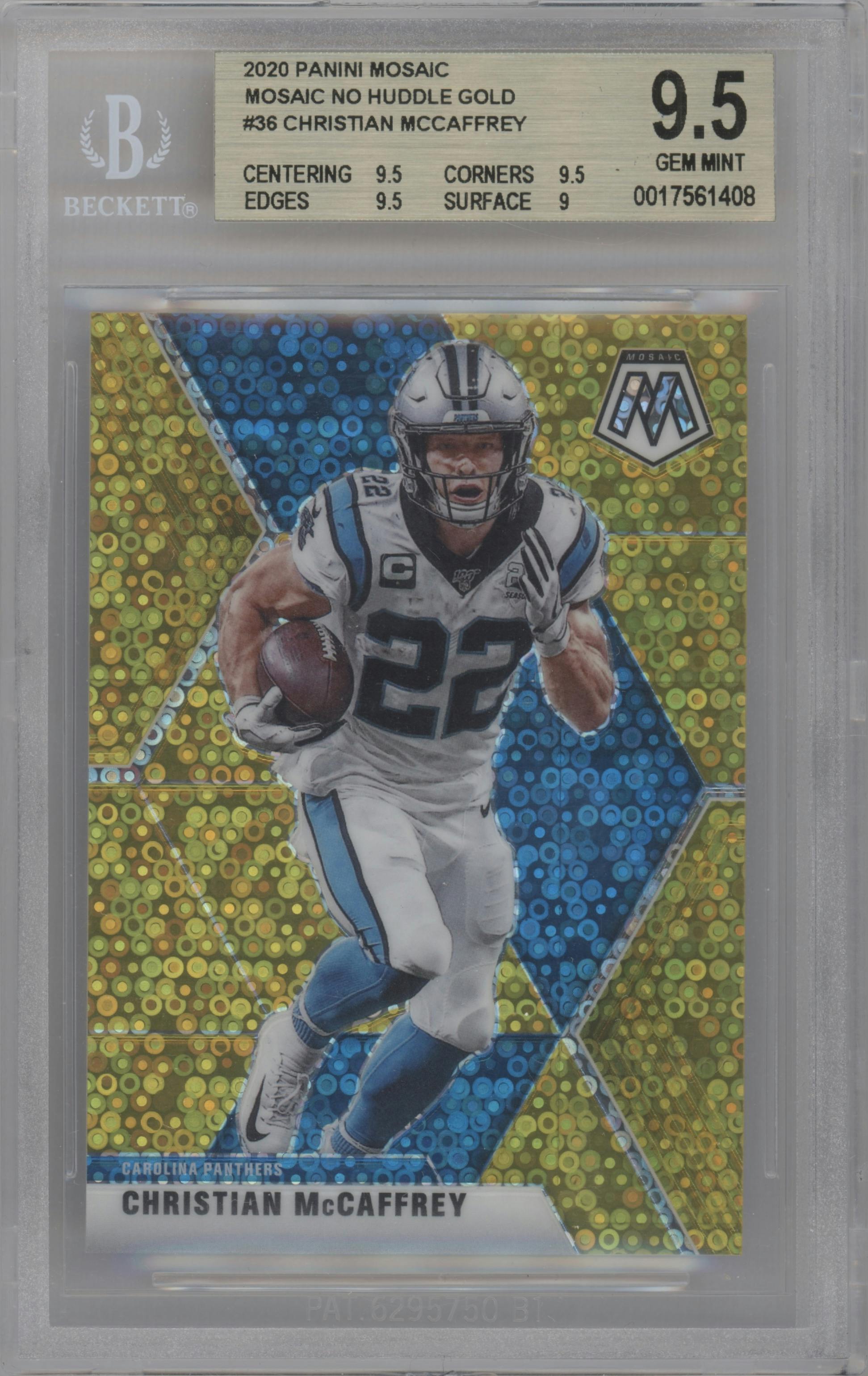 Christian McCaffrey from the 2020 Panini Mosaic set featuring a No Huddle Gold parallel graded by Beckett and given an overall grade of 9.5.