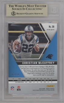 Christian McCaffrey from the 2020 Panini Mosaic set featuring a No Huddle Gold parallel graded by Beckett and given an overall grade of 9.5.