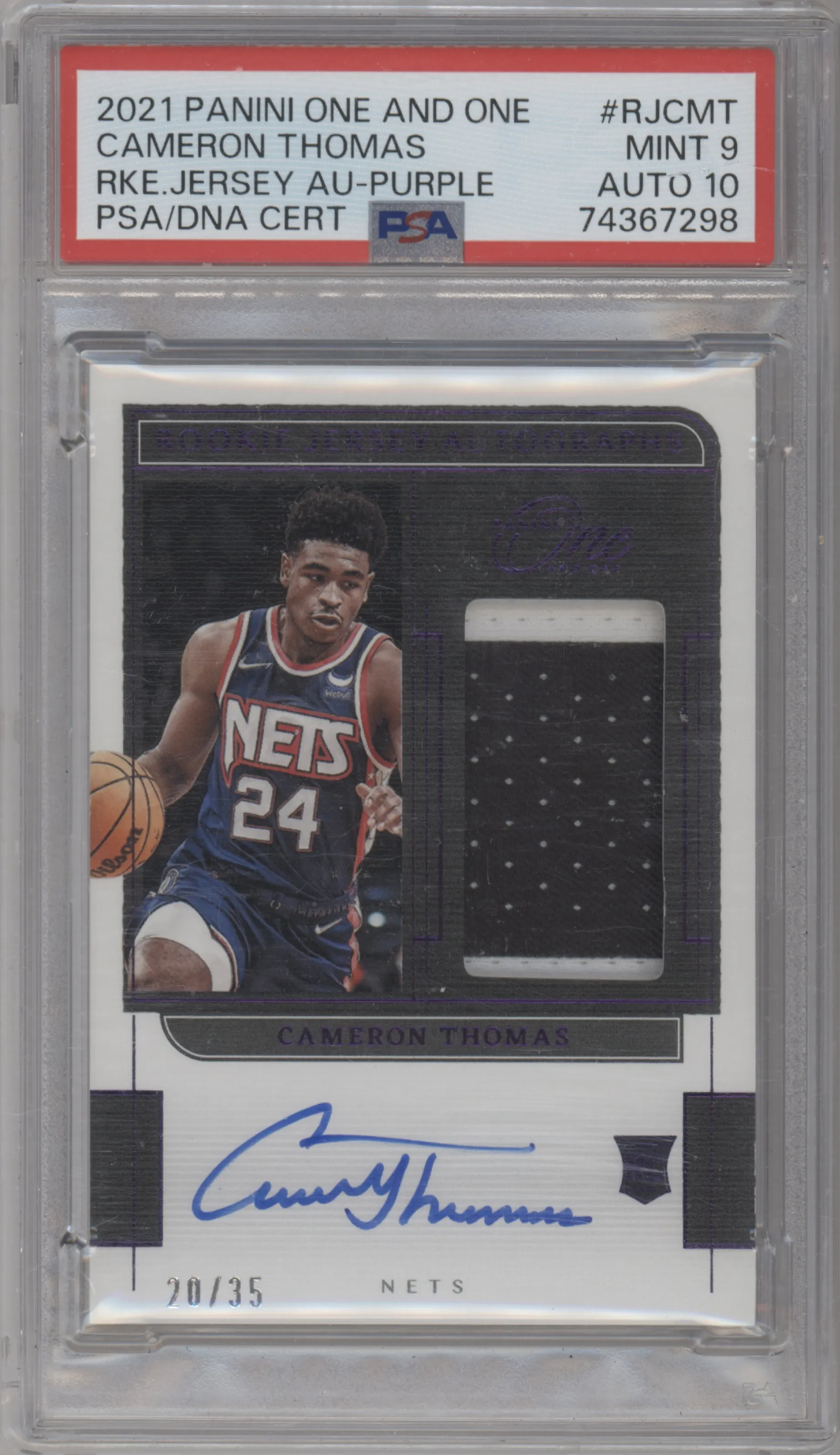 2021 Panini One and One Rke.Jsy.Auto Cameron Thomas Purple #RJ-CMT PSA 9
