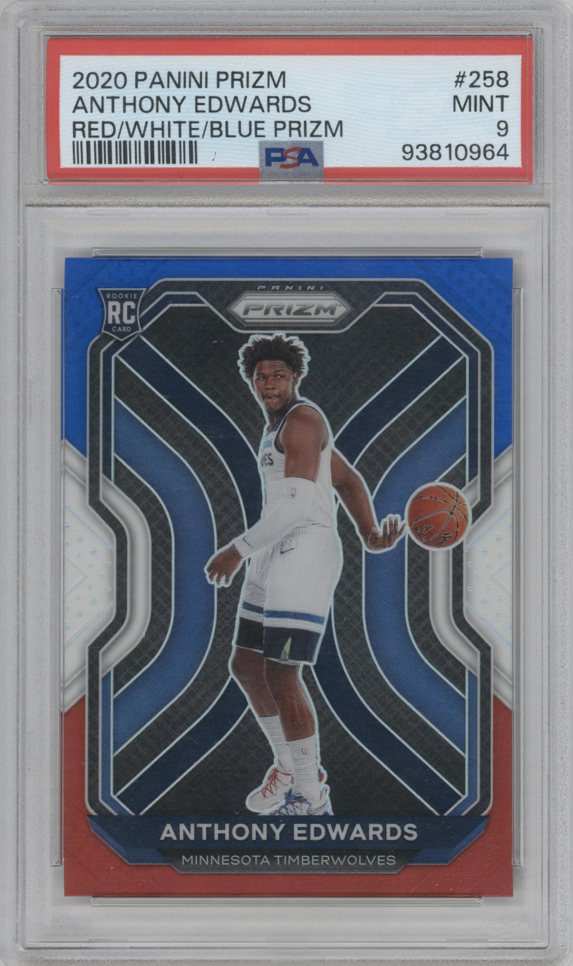 Anthony Edwards from the 2020-21 Panini Prizm set featuring a Red/White/Blue Prizm parallel graded by PSA and given an overall grade of 9.