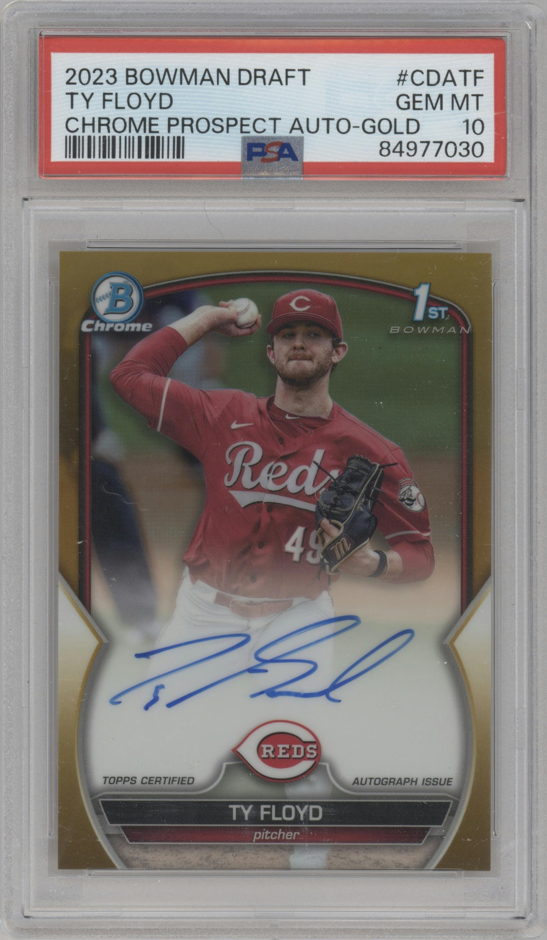 Ty Floyd from the 2023 Bowman Draft set featuring a Gold Refractor parallel graded by PSA and given an overall grade of 10.