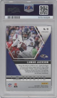 Lamar Jackson from the 2020 Panini Mosaic set featuring a Pink Camo parallel graded by PSA and given an overall grade of 10.