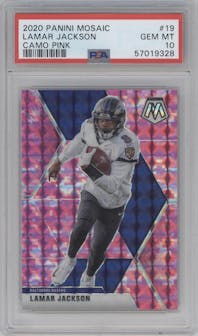 Lamar Jackson from the 2020 Panini Mosaic set featuring a Pink Camo parallel graded by PSA and given an overall grade of 10.