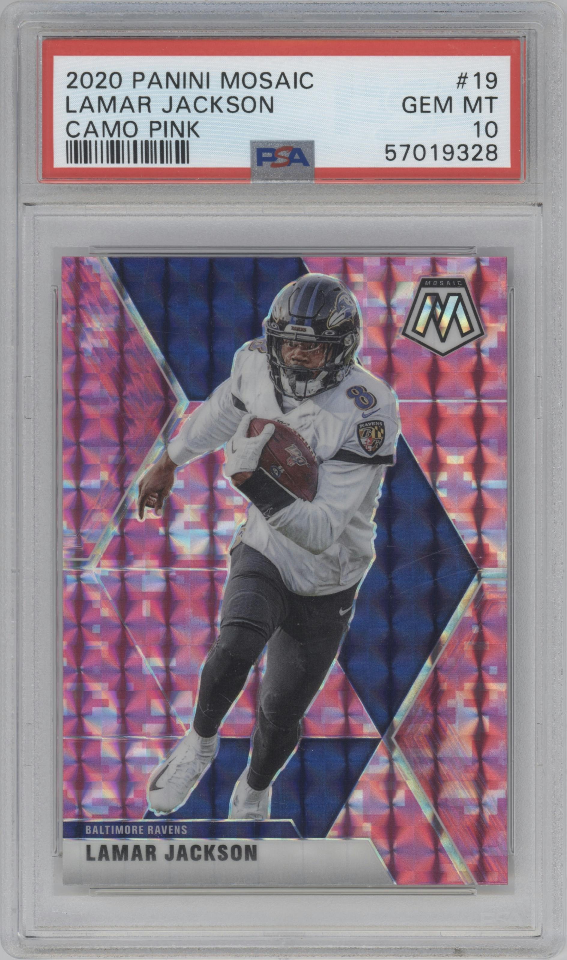 Lamar Jackson from the 2020 Panini Mosaic set featuring a Pink Camo parallel graded by PSA and given an overall grade of 10.