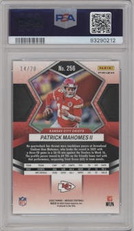 Patrick Mahomes II from the 2022 Panini Mosaic set featuring a No Huddle Pink parallel graded by PSA and given an overall grade of 10.