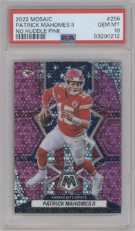 Patrick Mahomes II from the 2022 Panini Mosaic set featuring a No Huddle Pink parallel graded by PSA and given an overall grade of 10.