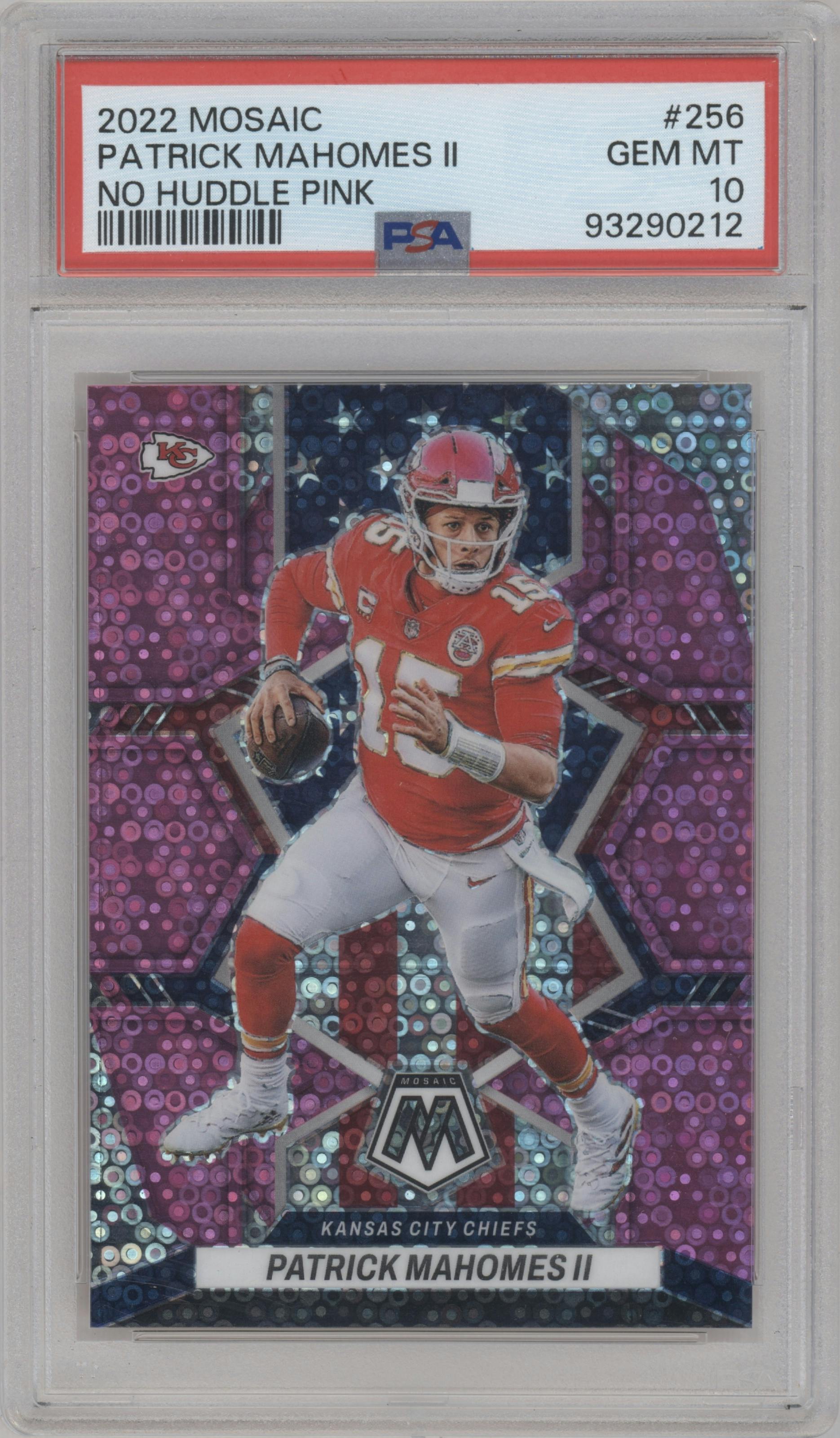 Patrick Mahomes II from the 2022 Panini Mosaic set featuring a No Huddle Pink parallel graded by PSA and given an overall grade of 10.