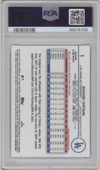 Shohei Ohtani from the 2024 Topps Chrome set featuring a Gold Refractor parallel graded by PSA and given an overall grade of 10.