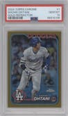 Shohei Ohtani from the 2024 Topps Chrome set featuring a Gold Refractor parallel graded by PSA and given an overall grade of 10.
