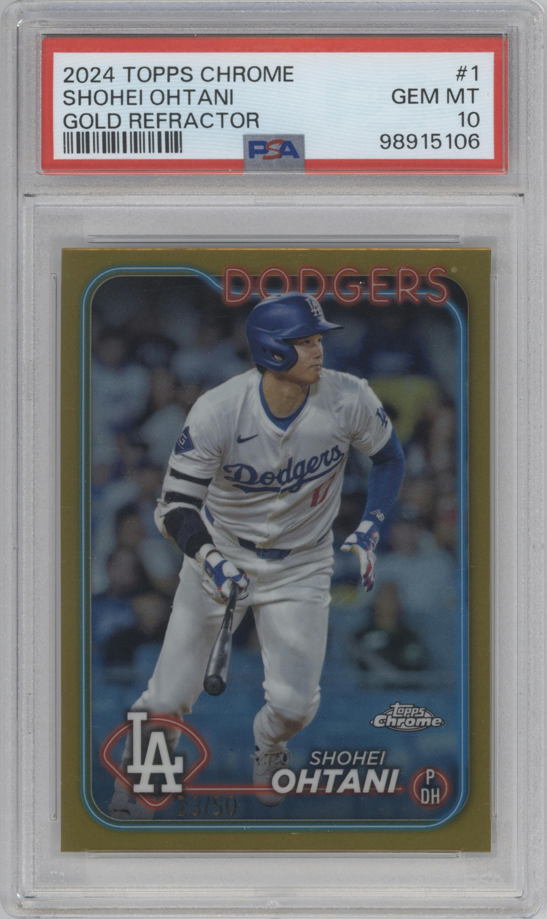 Shohei Ohtani from the 2024 Topps Chrome set featuring a Gold Refractor parallel graded by PSA and given an overall grade of 10.