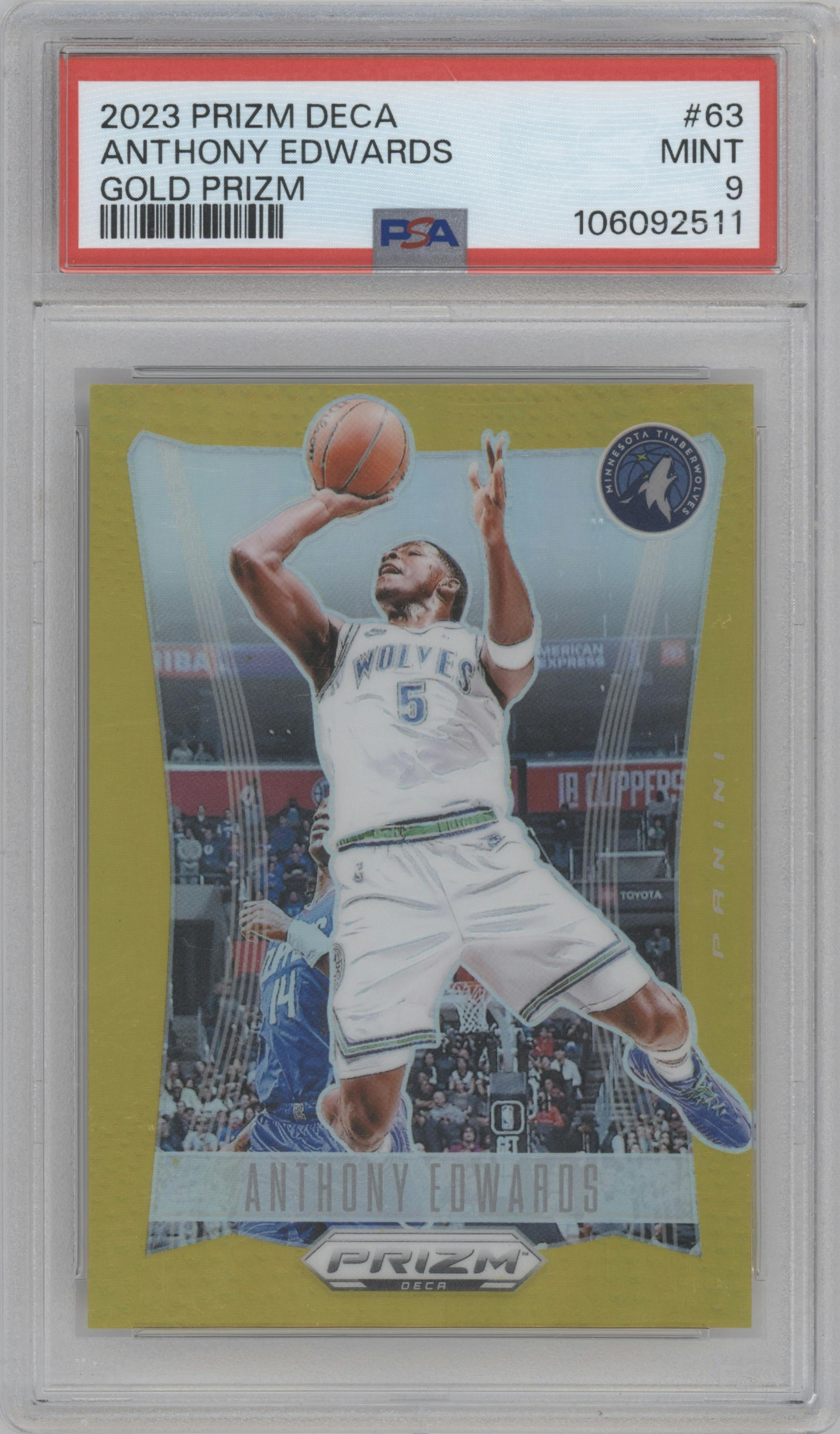  Anthony Edwards from the 2023-24 Panini Prizm Deca set featuring a Gold Prizm parallel graded by PSA and given an overall grade of 9.