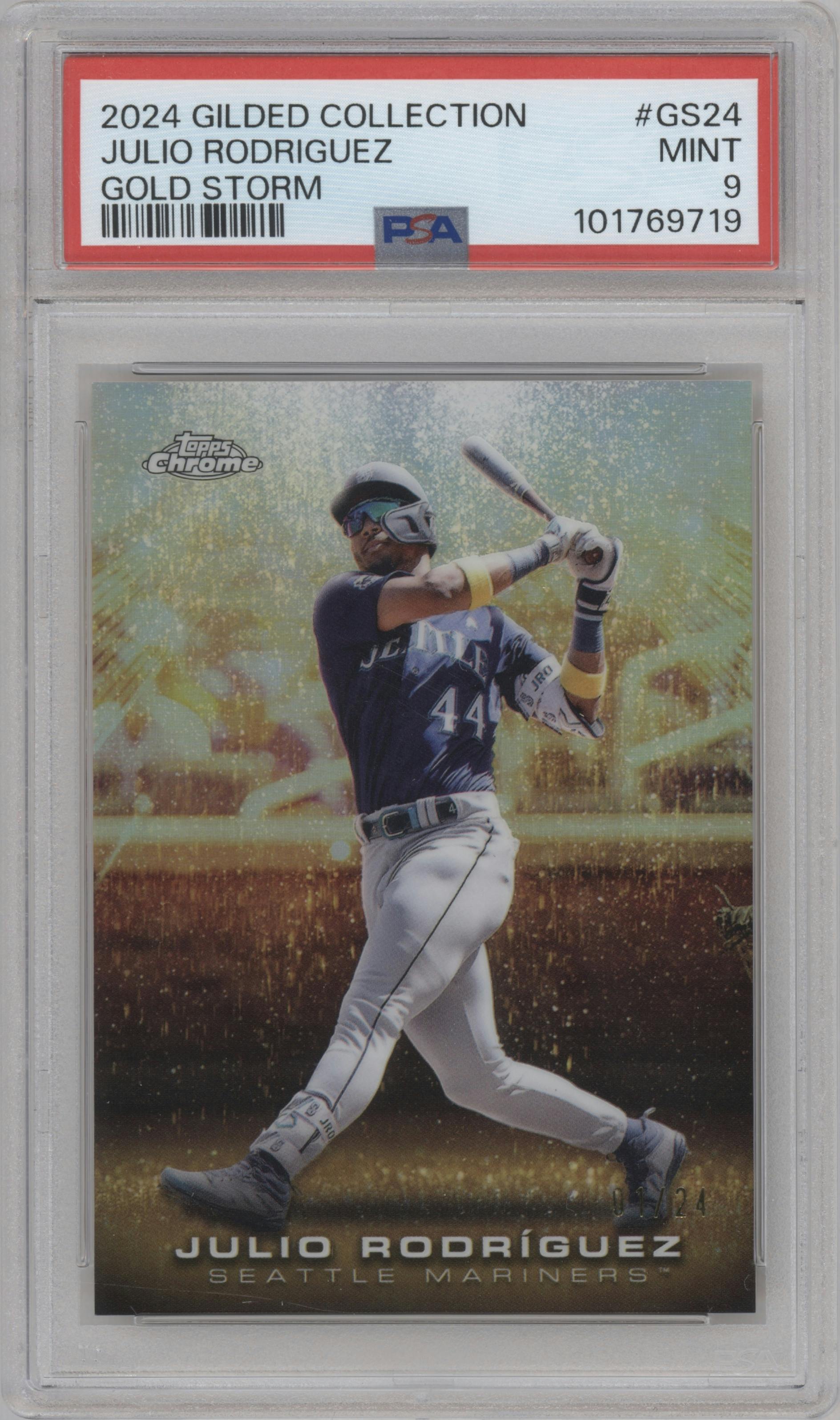 Julio Rodríguez from the 2024 Topps Gilded Collection set graded by PSA and given an overall grade of 9.