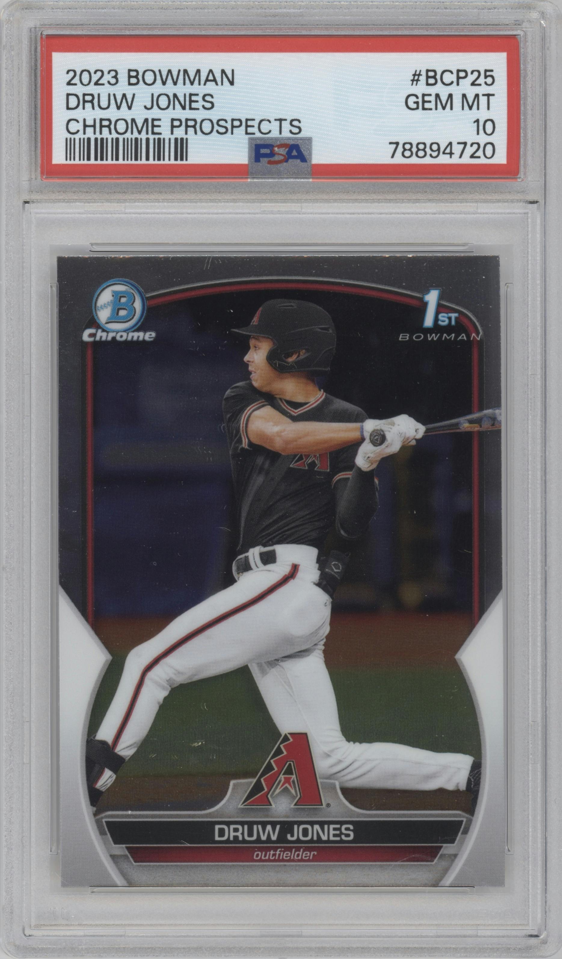 Druw Jones from the 2023 Bowman  set graded by PSA and given an overall grade of 10.