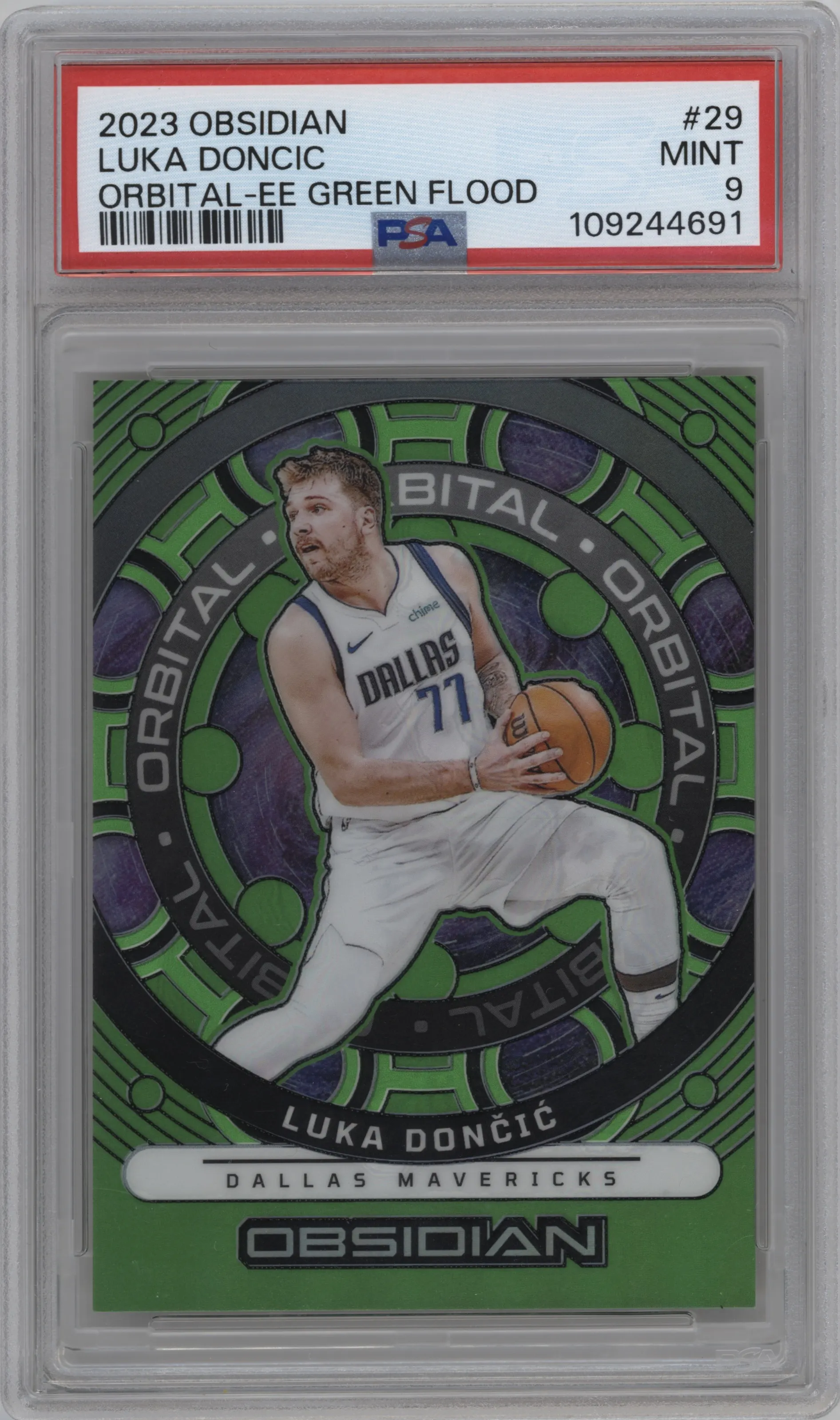 2023 Panini Obsidian Orbital Luka Doncic Electric Etch Green Flood #29 PSA 9
