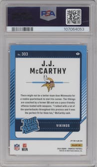 J.J. McCarthy from the 2024 Donruss set featuring a Pink parallel graded by PSA and given an overall grade of 10.