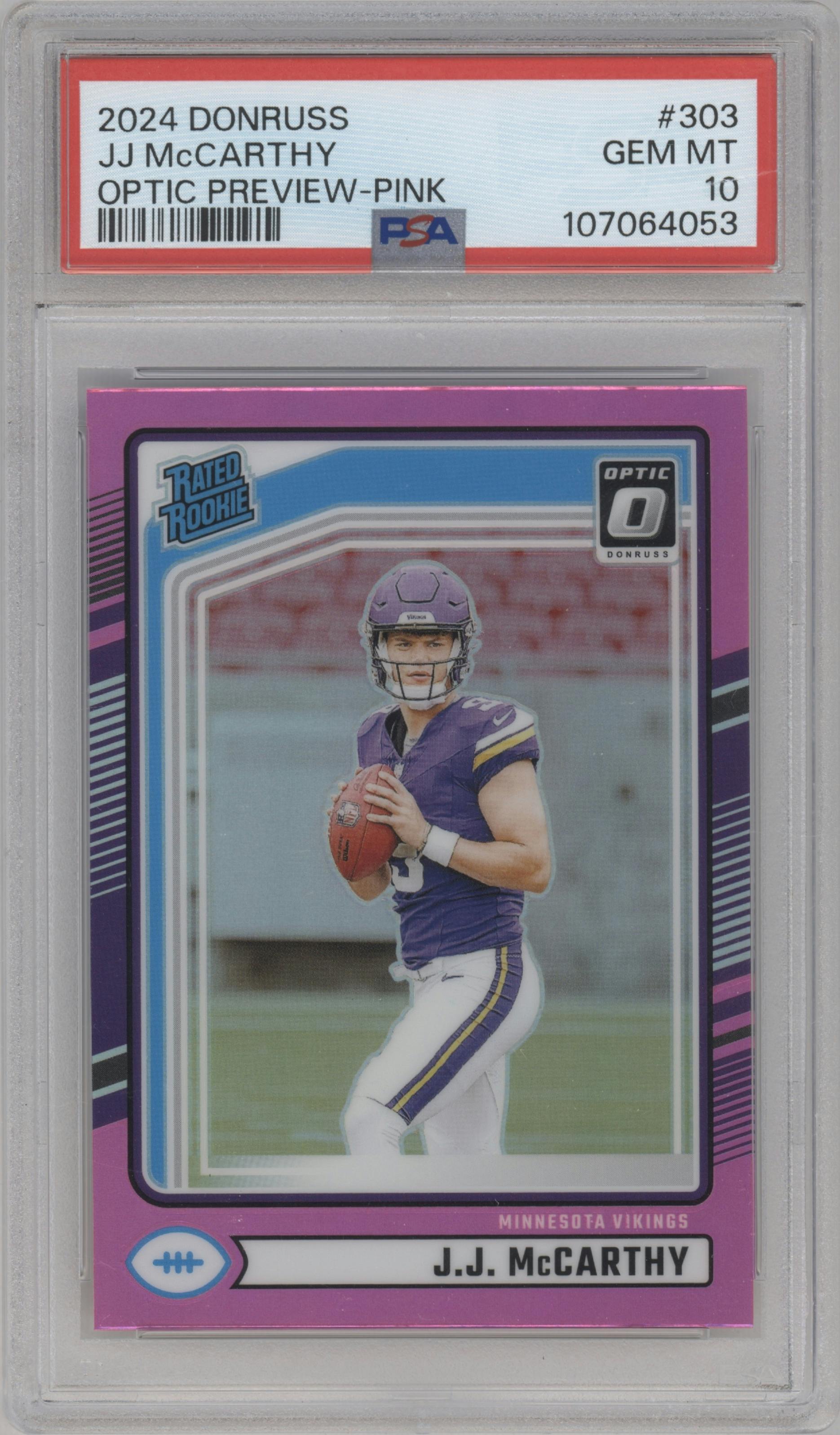 J.J. McCarthy from the 2024 Donruss set featuring a Pink parallel graded by PSA and given an overall grade of 10.