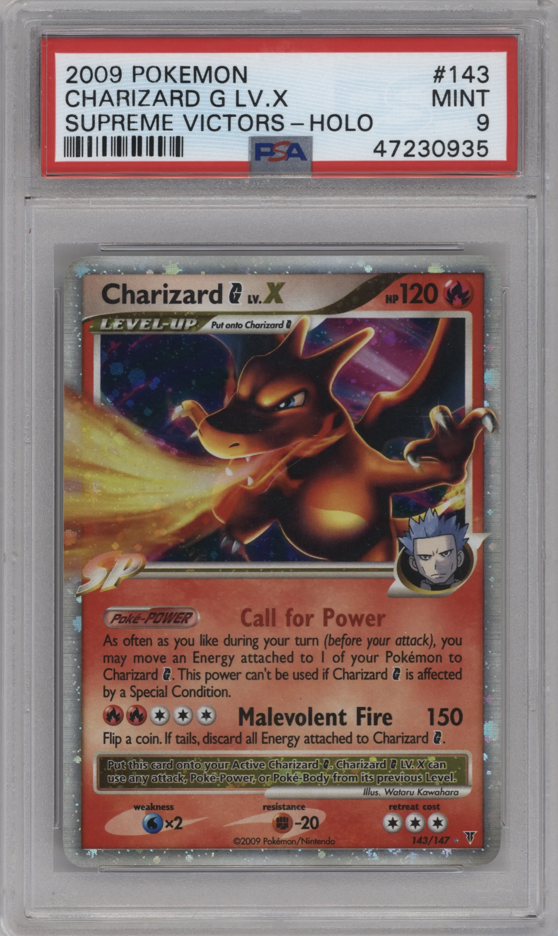 Charizard G LV. X from the 2009 Pokemon Platinum set graded by PSA and given an overall grade of 9.