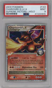 Charizard G LV. X from the 2009 Pokemon Platinum set graded by PSA and given an overall grade of 9.
