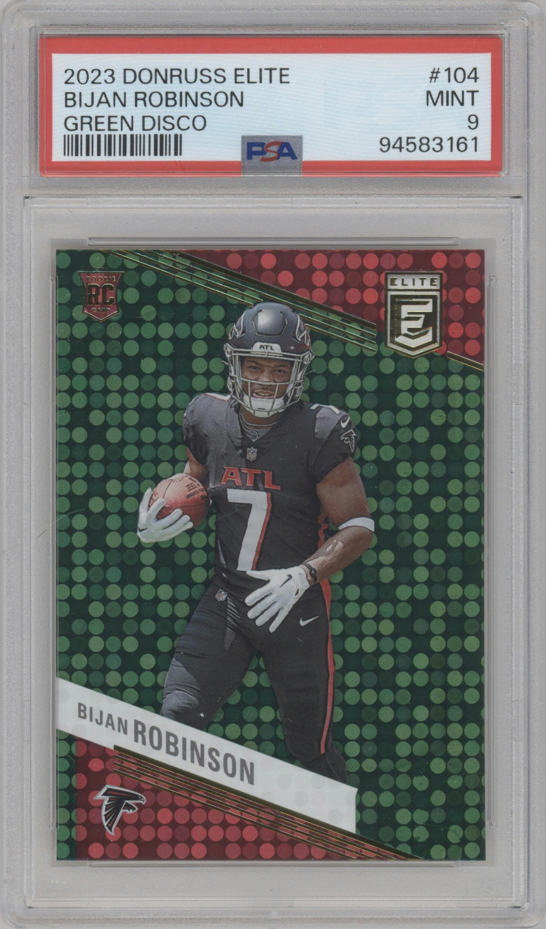 Bijan Robinson  from the 2023 Donruss Elite set featuring a Green Disco parallel graded by PSA and given an overall grade of 9.