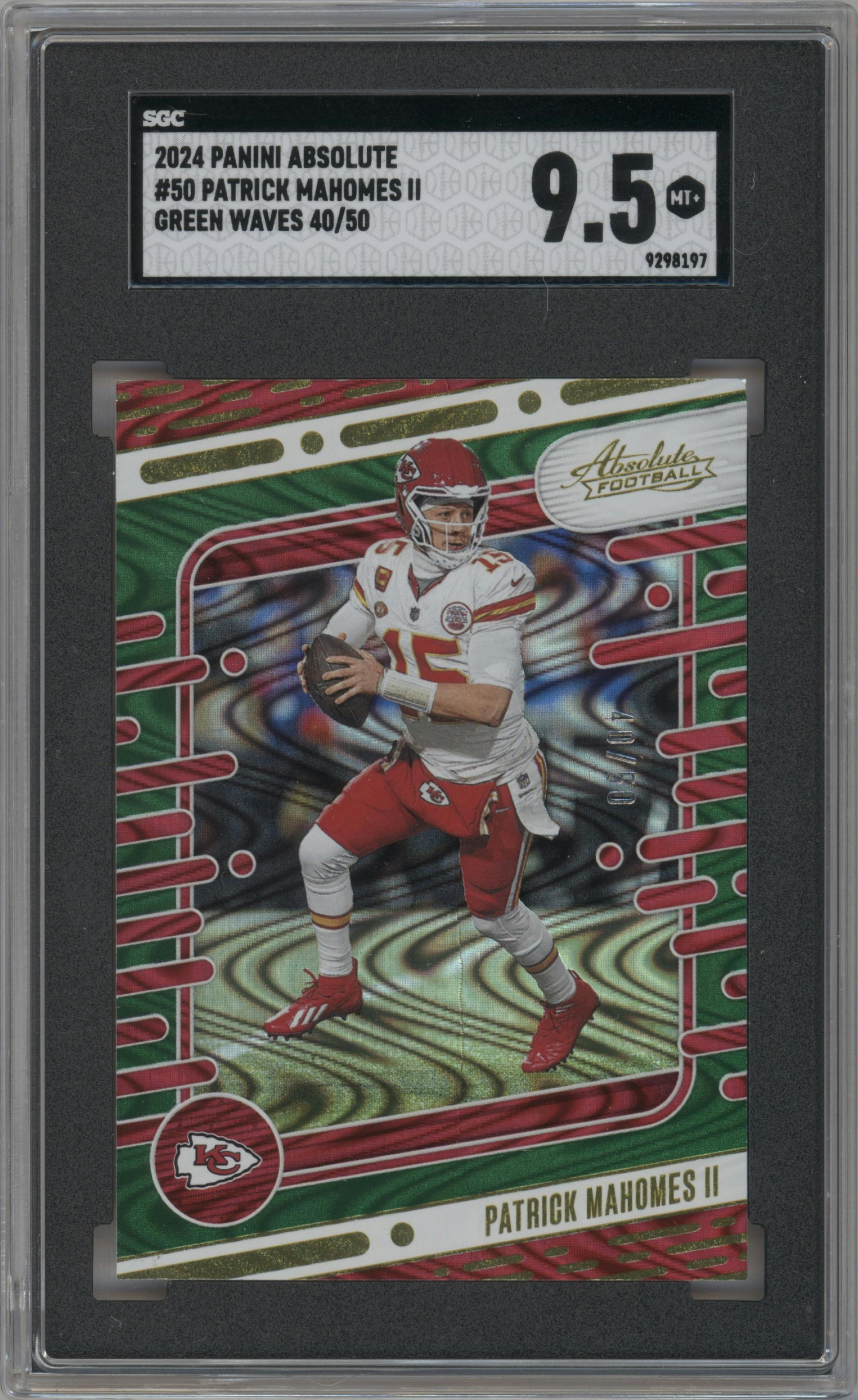 Patrick Mahomes II from the 2024 Panini Absolute set featuring a Green Waves parallel graded by SGC and given an overall grade of 9.5.