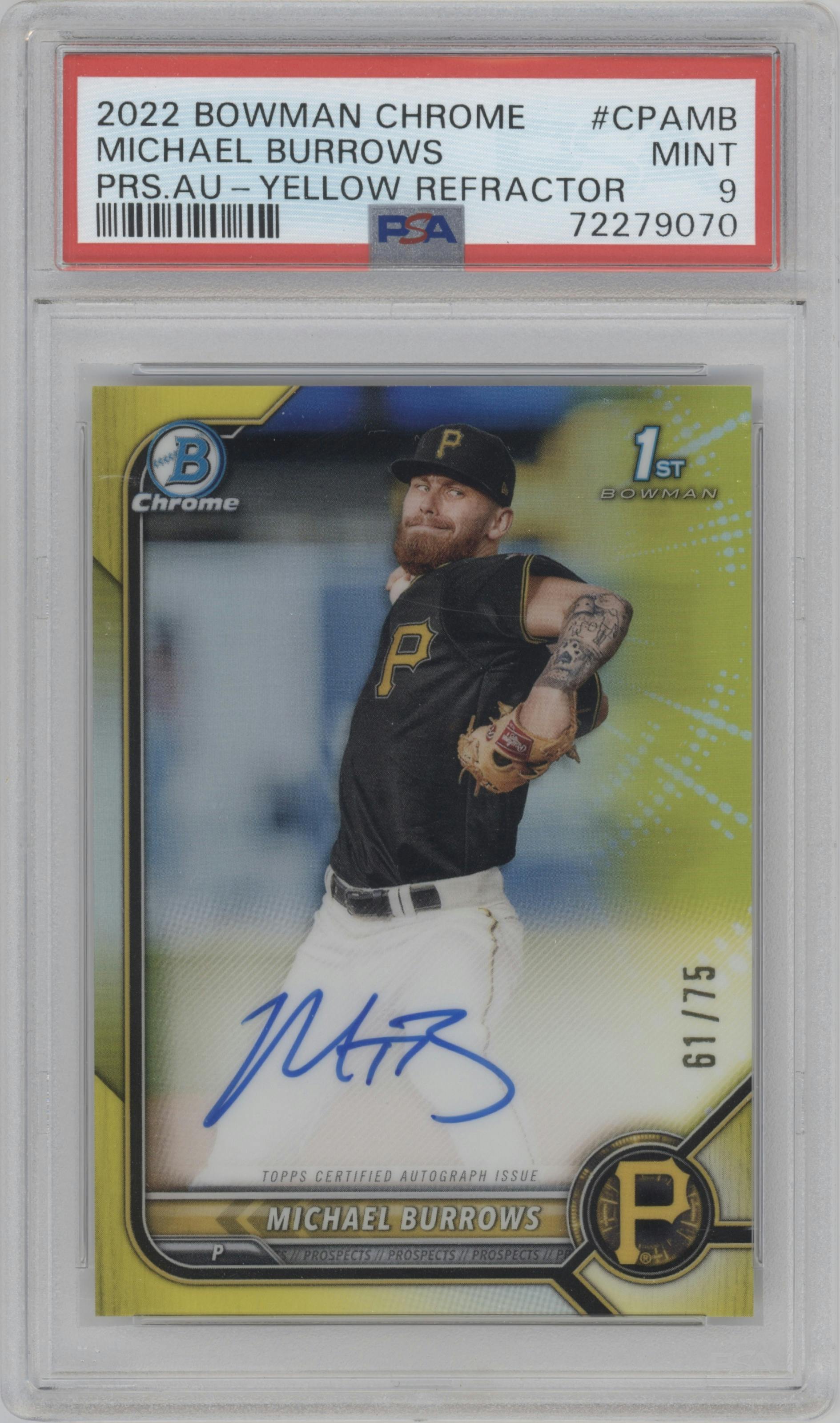 Michael Burrows from the 2022 Bowman Chrome set featuring a Yellow Refractor parallel graded by PSA and given an overall grade of 9.