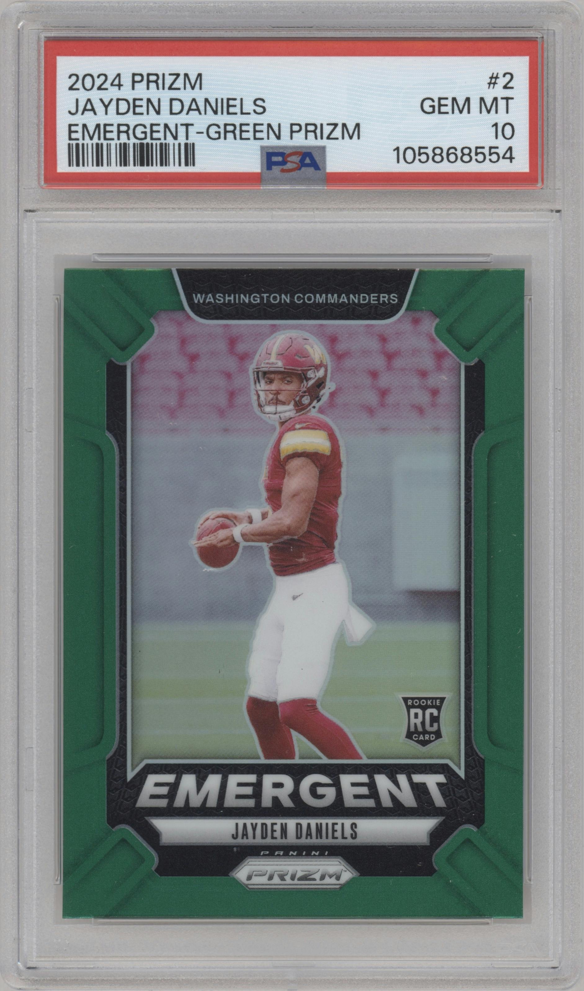 Jayden Daniels from the 2024 Panini Prizm set featuring a Green Prizm parallel graded by PSA and given an overall grade of 10.