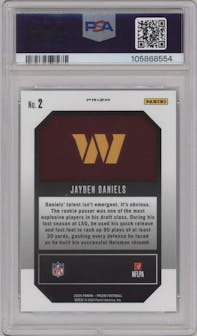 Jayden Daniels from the 2024 Panini Prizm set featuring a Green Prizm parallel graded by PSA and given an overall grade of 10.