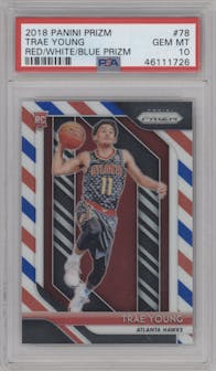 Trae Young from the 2018-19 Panini Prizm set featuring a Red White Blue Prizm parallel graded by PSA and given an overall grade of 10.