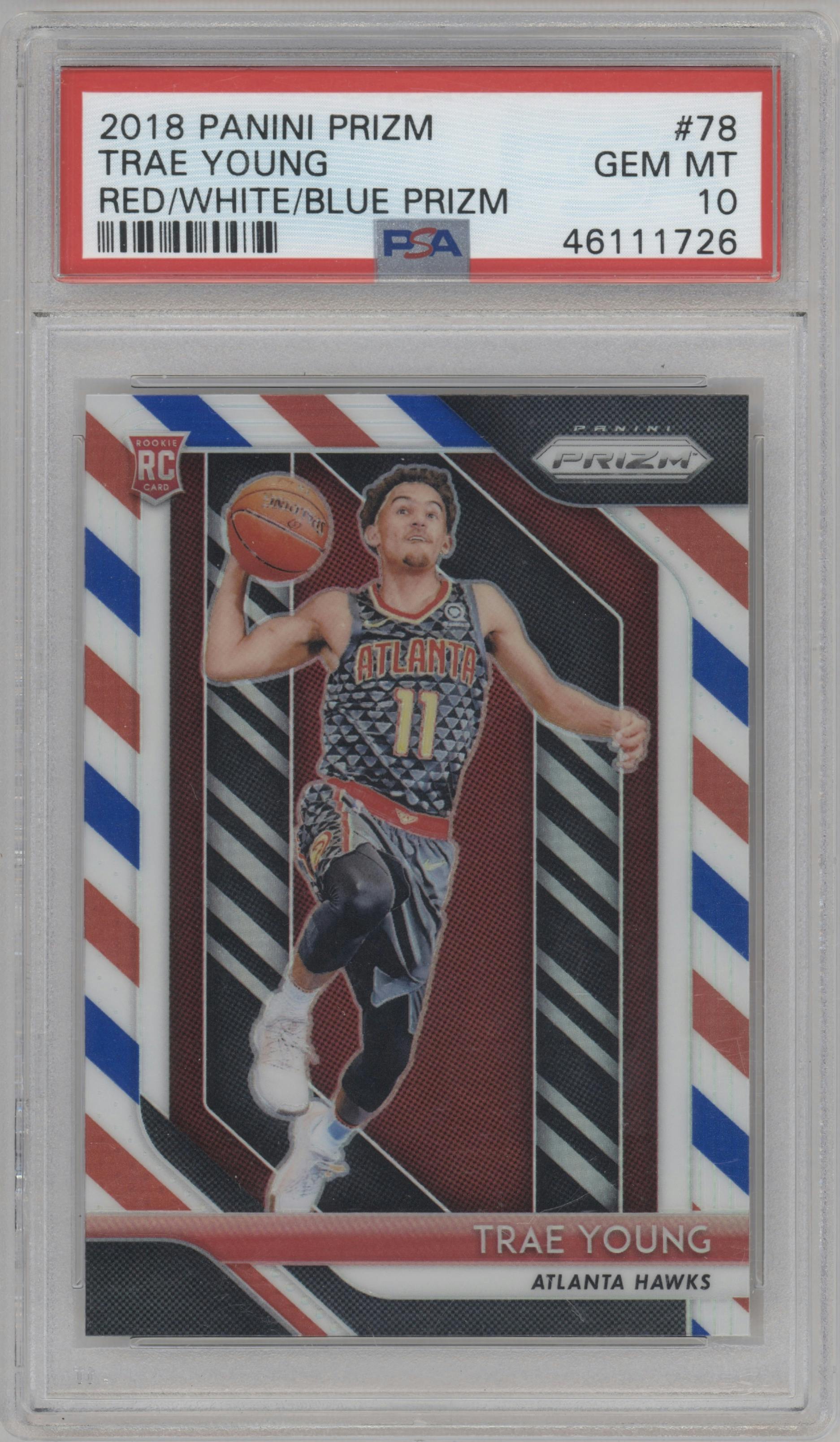 Trae Young from the 2018-19 Panini Prizm set featuring a Red White Blue Prizm parallel graded by PSA and given an overall grade of 10.