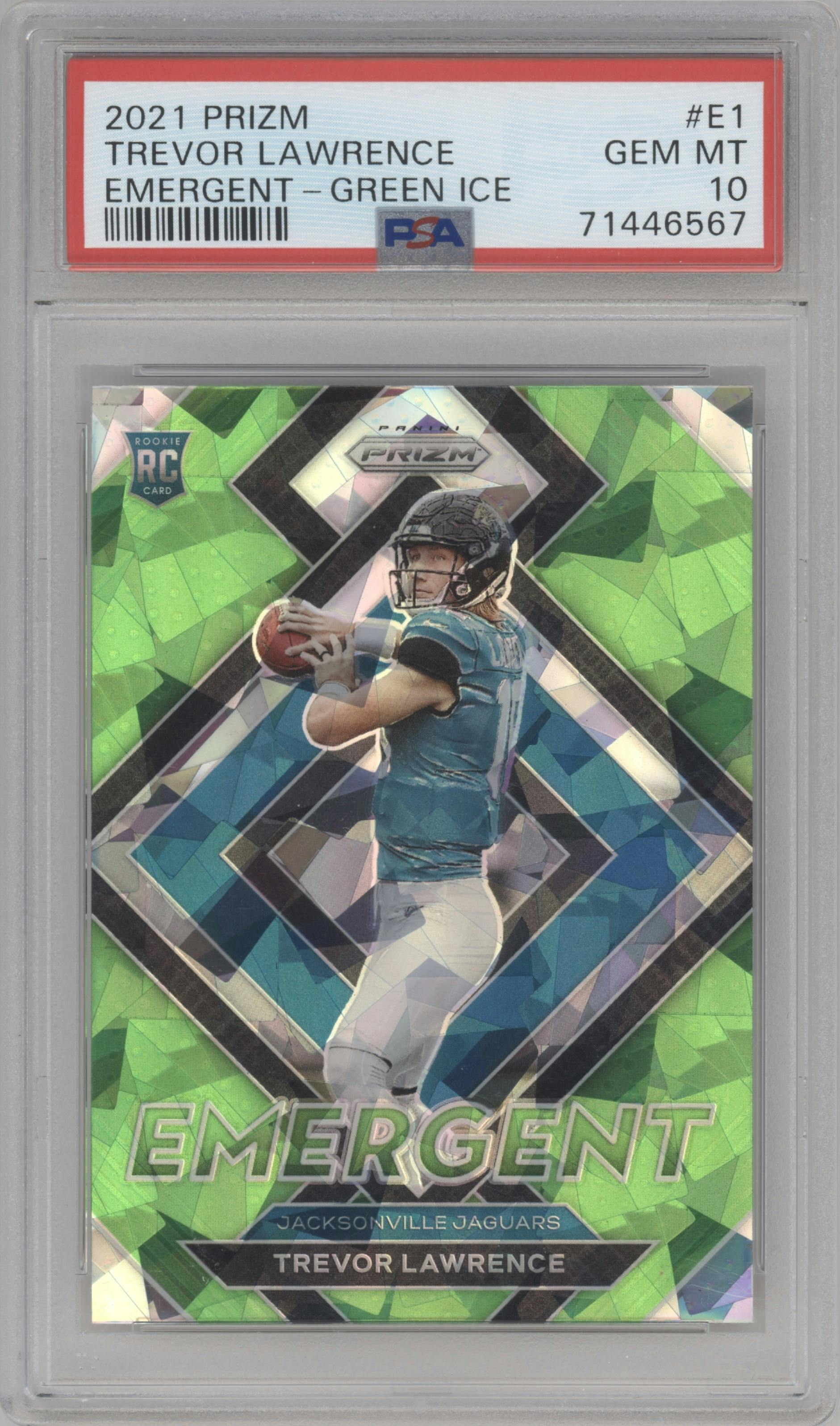 Trevor Lawrence from the 2021 Panini Prizm set featuring a Green Ice parallel graded by PSA and given an overall grade of 10.