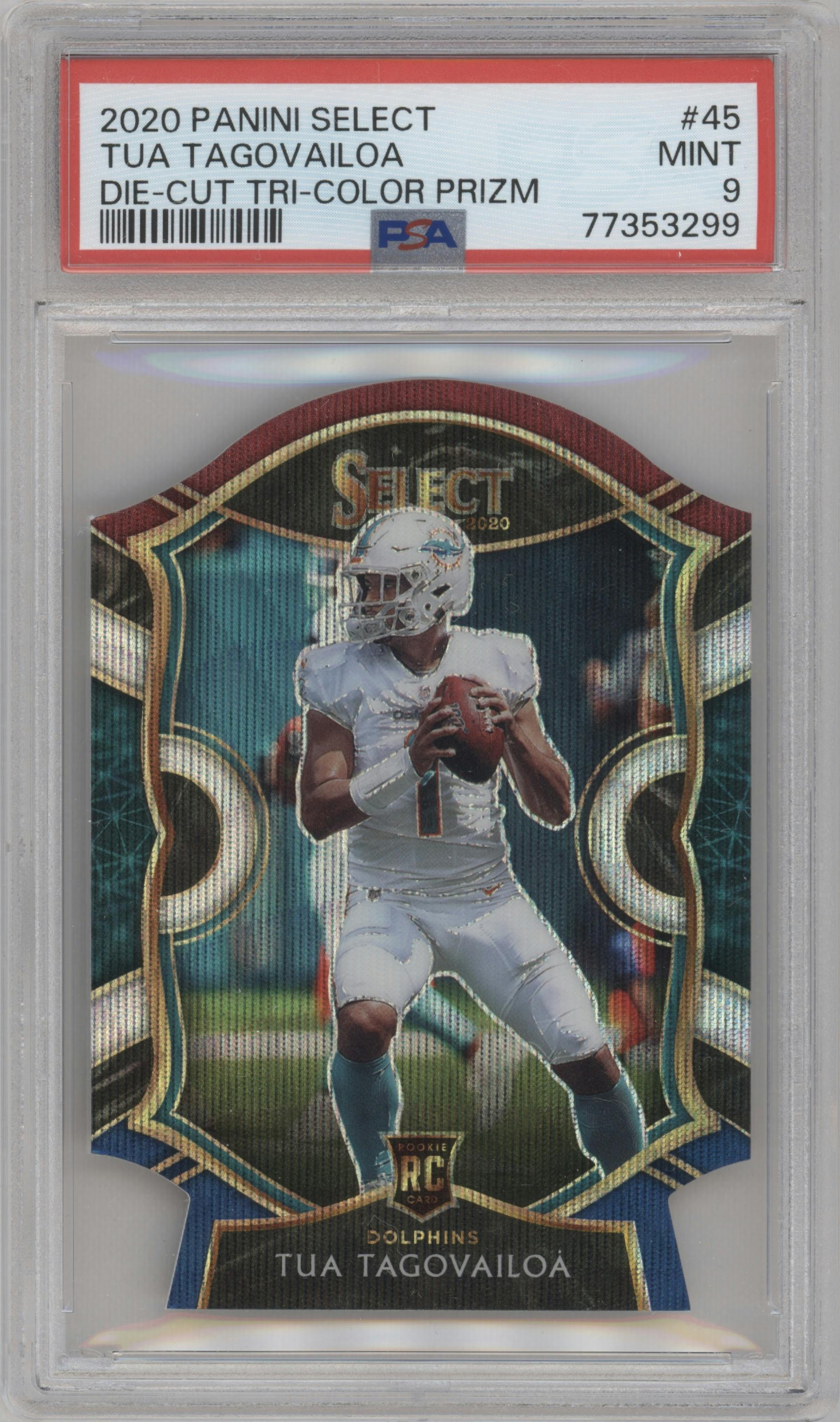 Tua Tagovailoa from the 2020 Panini Select set featuring a Die-Cut Tri-Color parallel graded by PSA and given an overall grade of 9.