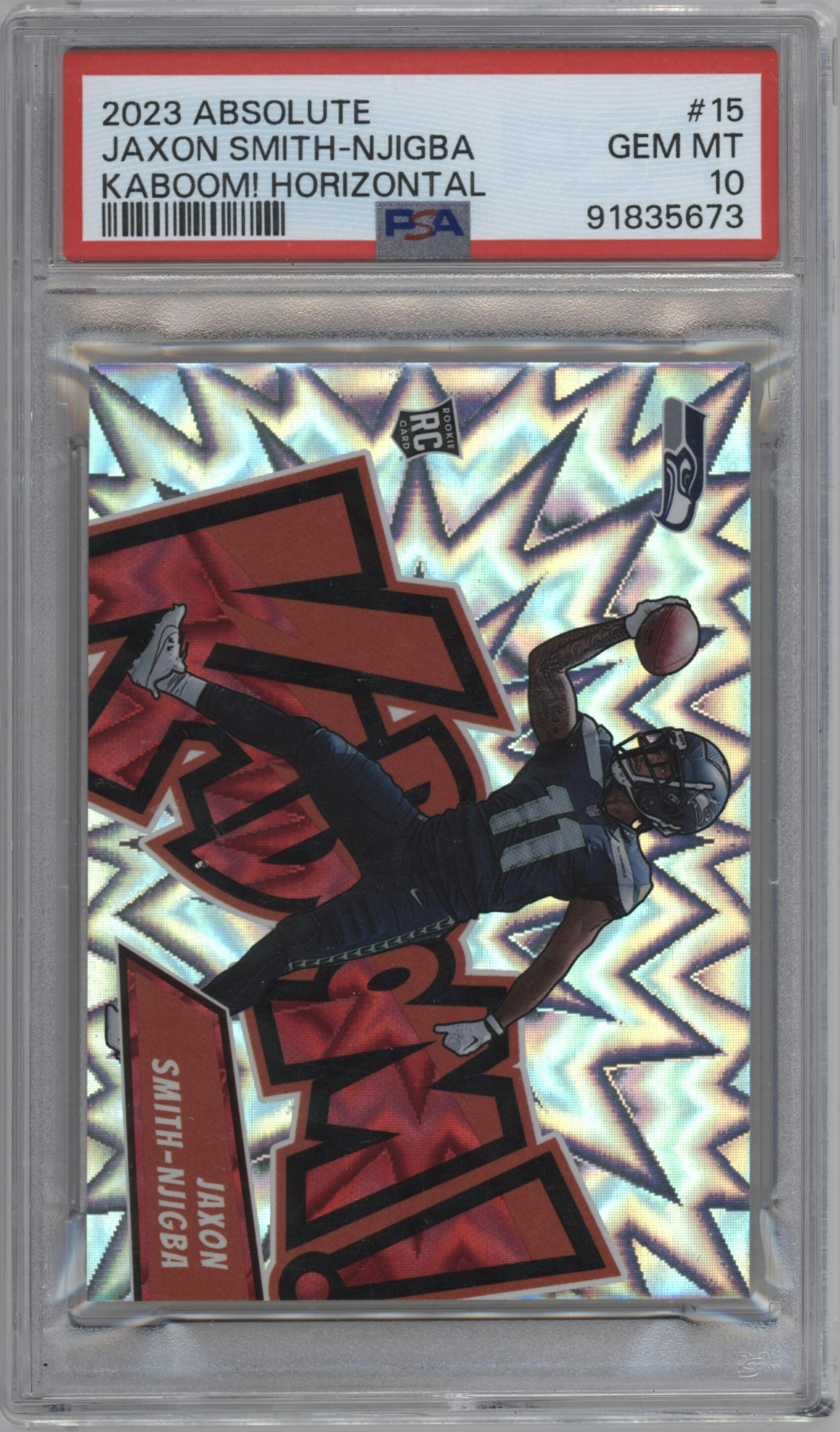 Jaxon Smith-Njigba from the 2023 Panini Absolute set graded by PSA and given an overall grade of 10.