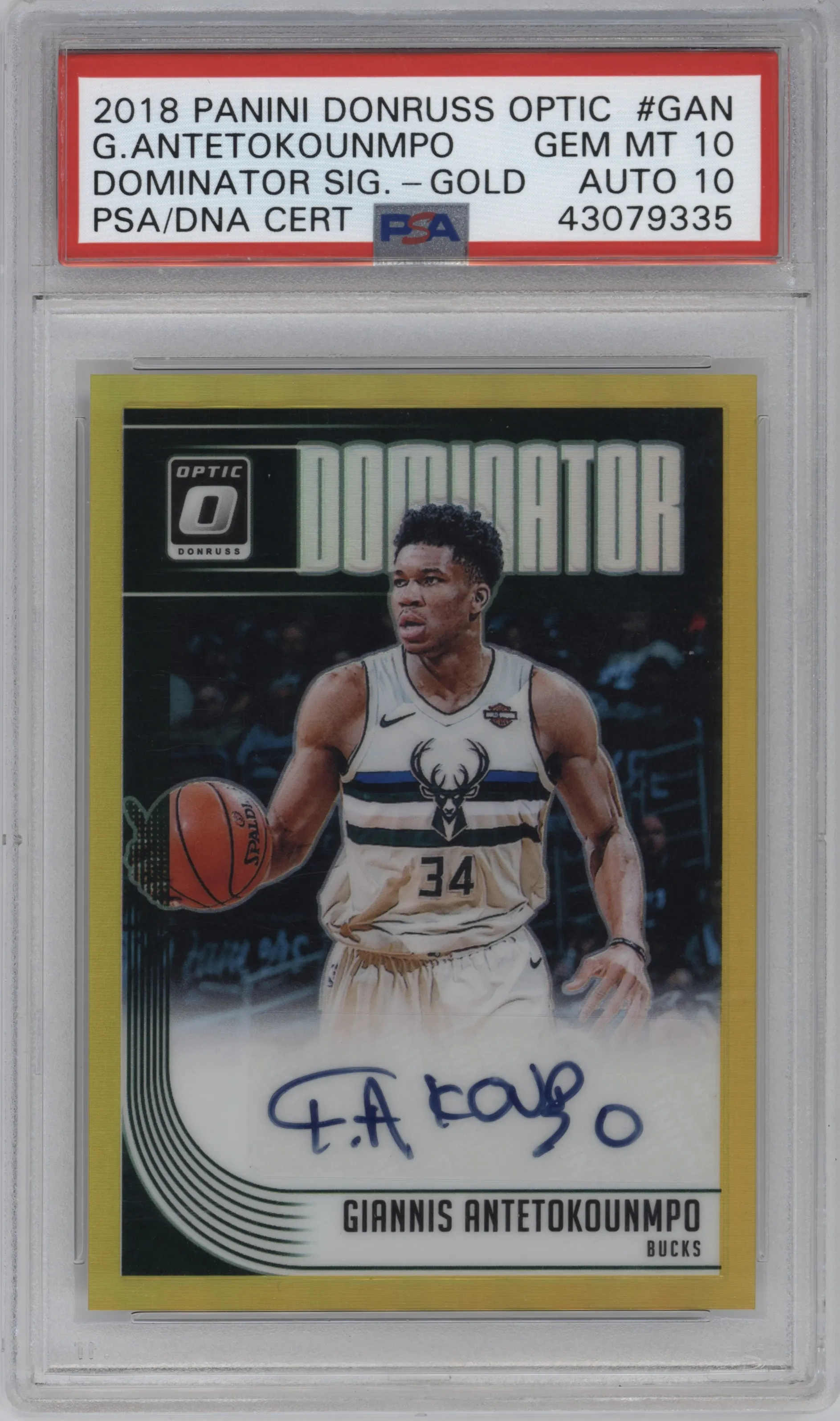 2018 Panini Donruss Optic Dominator Sig. Giannis Antetokounmpo Gold #DS-GAN PSA 10