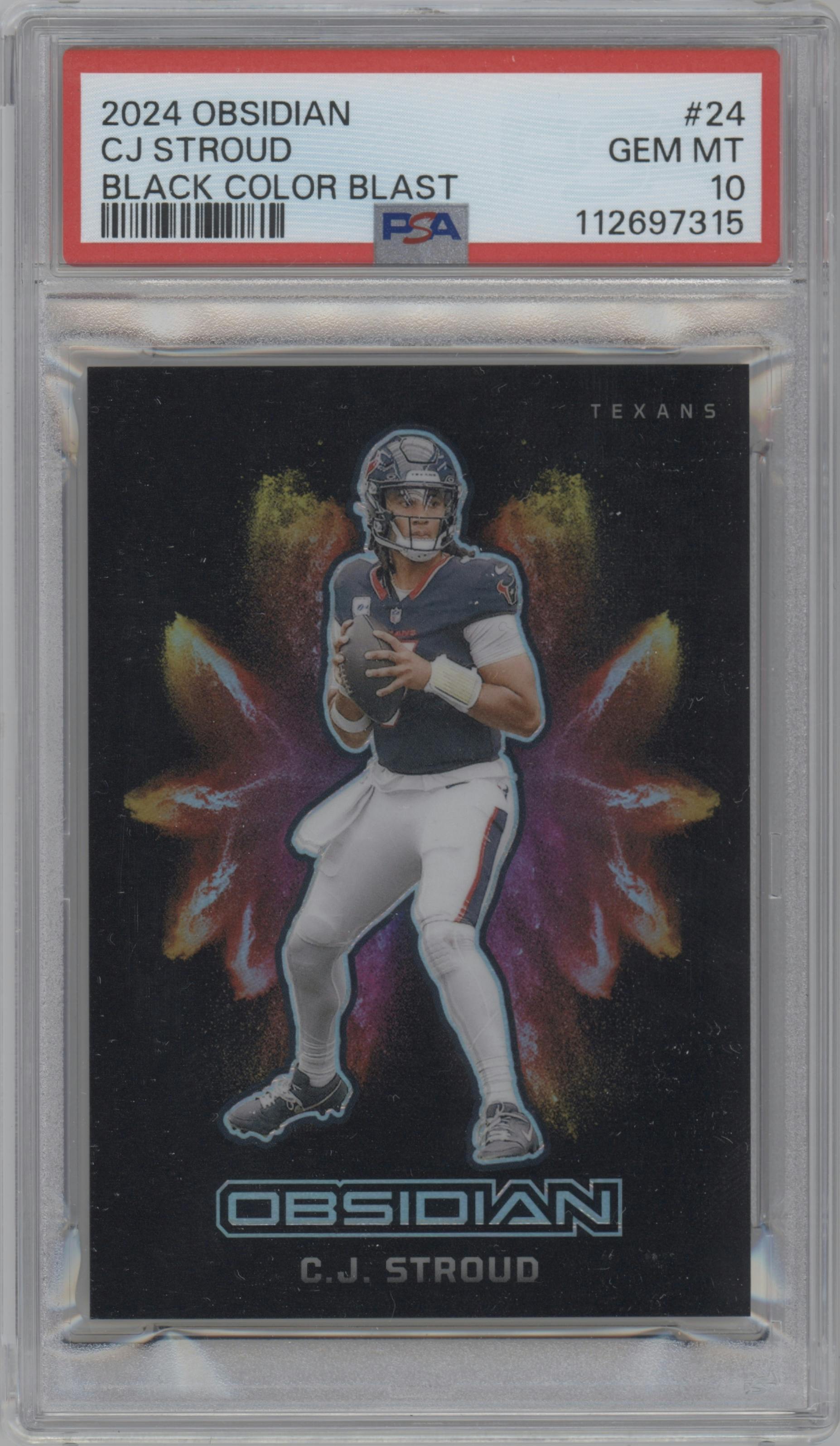 C.J Stroud from the 2024 Panini Obsidian set graded by PSA and given an overall grade of 10.