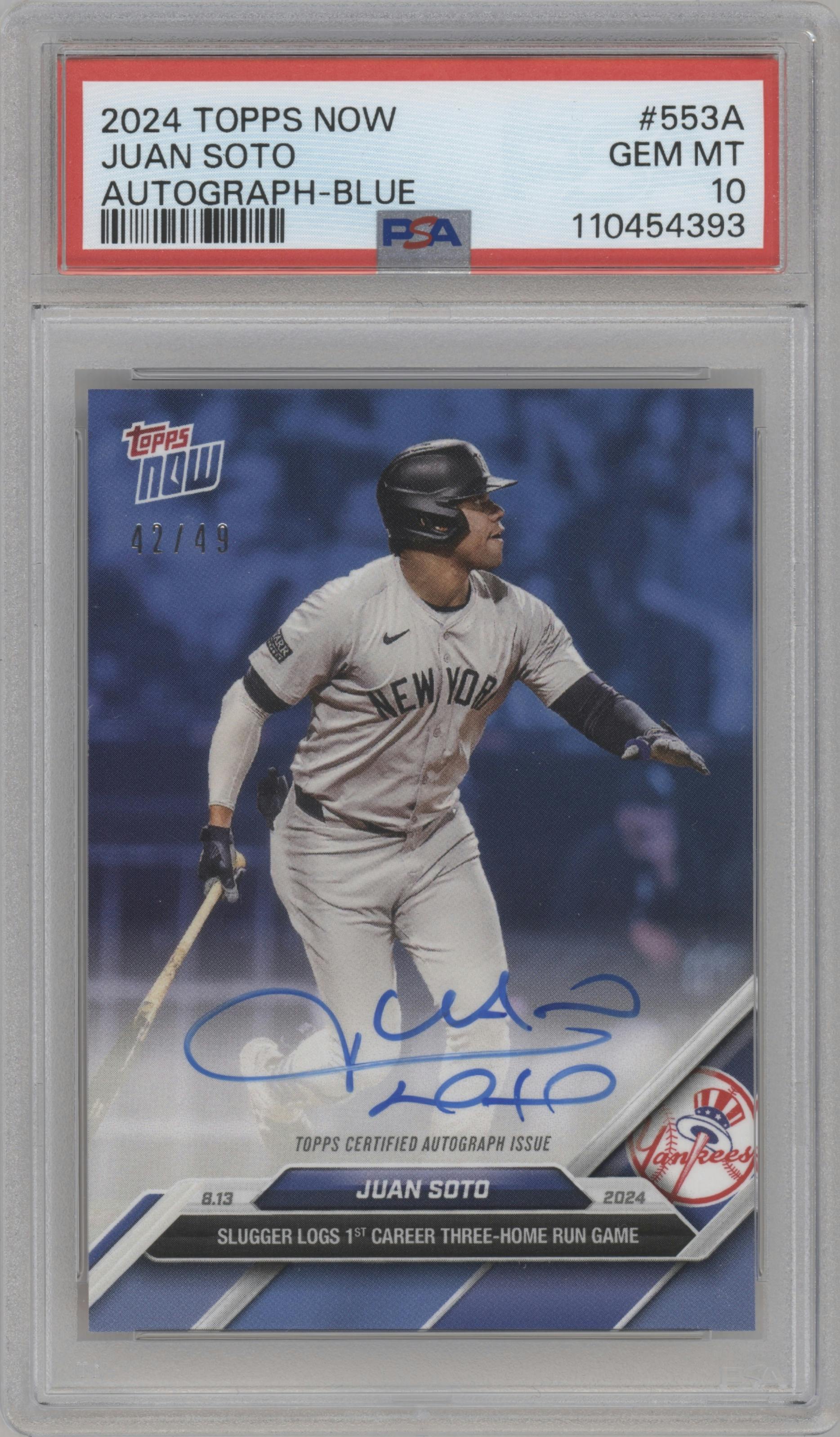 Juan Soto from the 2024 Topps Now set featuring a Blue parallel graded by PSA and given an overall grade of 10.