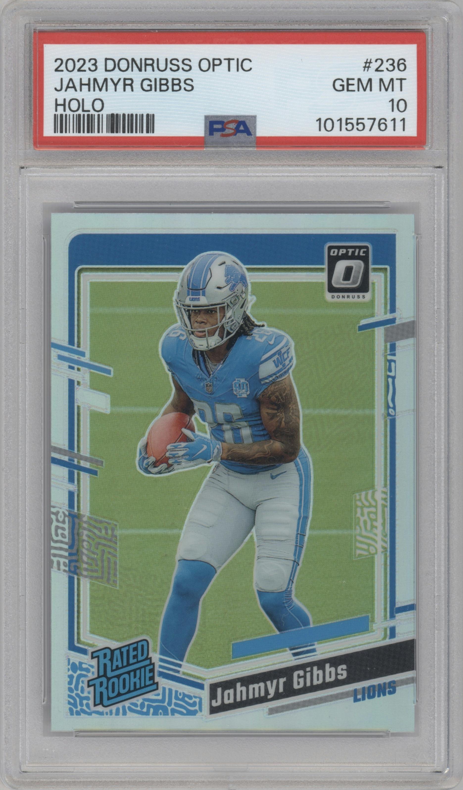 Jahmyr Gibbs from the 2023 Donruss Optic set featuring a Holo parallel graded by PSA and given an overall grade of 10.